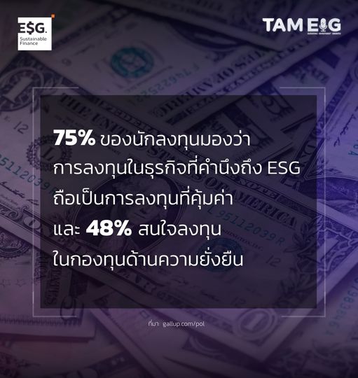 75% ของนักลงทุนมองว่า การลงทุนในธุรกิจที่คำนึงถึง ESG ถือเป็นการลงทุนที่คุ้มค่า และ 48% สนใจลงทุนในกองทุนด้านความยั่งยืน